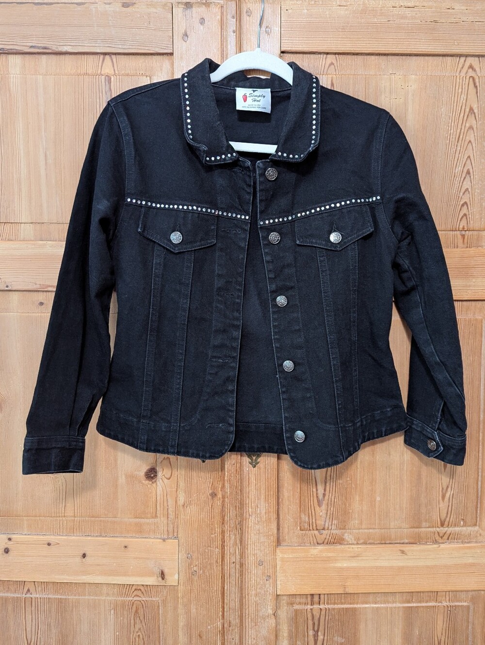 Vintage 90s Simply Hot Apache Rhinestone Studded Black Denim Jean Jacket M USA